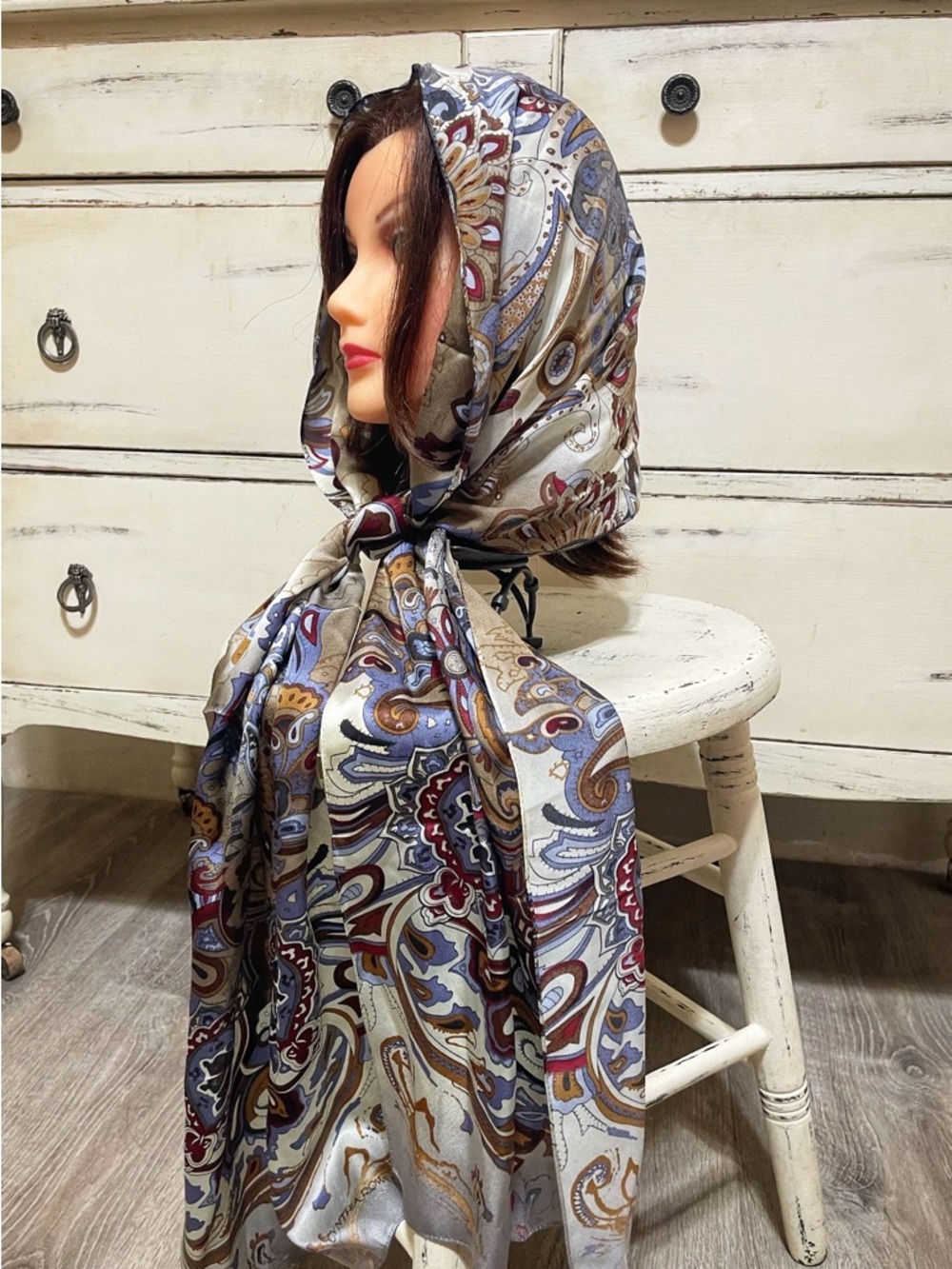 Paisley Satin Wrap Scarf in Cream, Blue & Burgundy